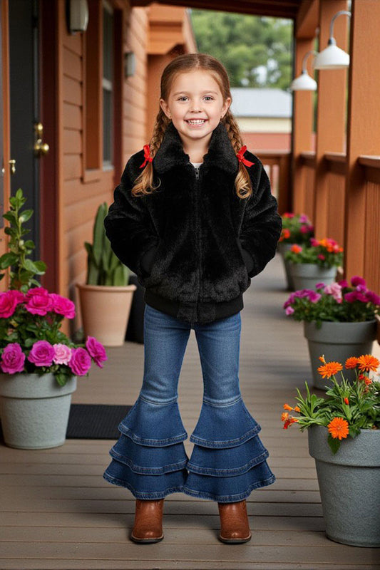 Kids Black fleee long sleeve girls jacket DLH2556