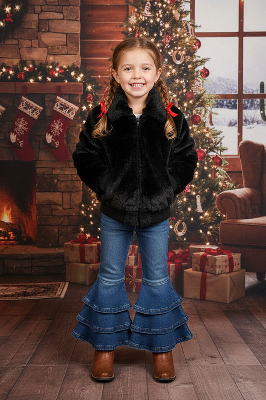 Kids Black fleee long sleeve girls jacket DLH2556