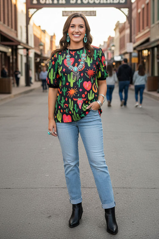 Western cactus printed short sleeve women t-shirt GJQ16614