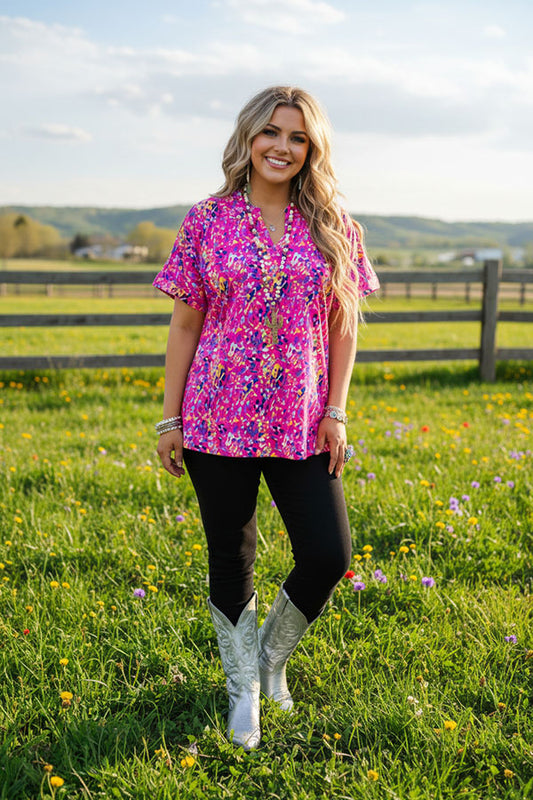 Floral printed short sleeve V-neckline women tops w/side slits GJQ15843