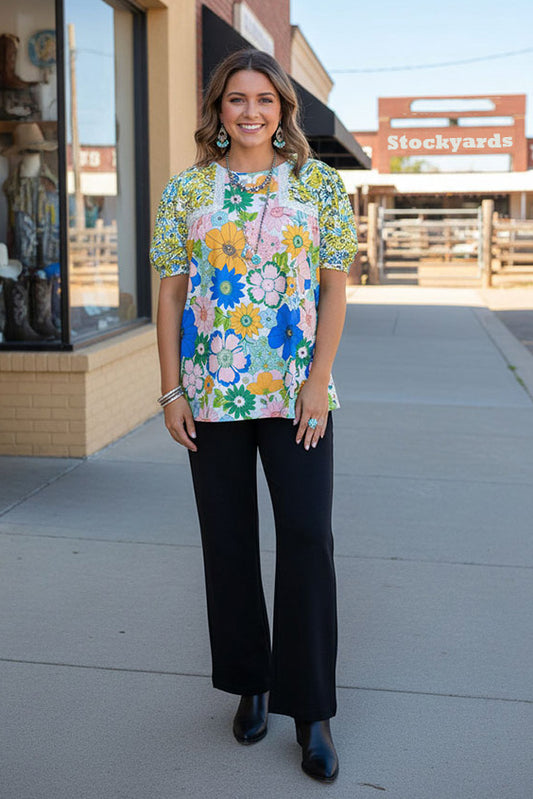 Flower printed & lace trim round neck puff sleeve women blouse GJQ16291