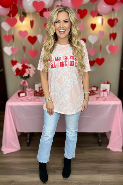 "Jesus is my valentine" pink leopard printed short sleeve women top XCH14682