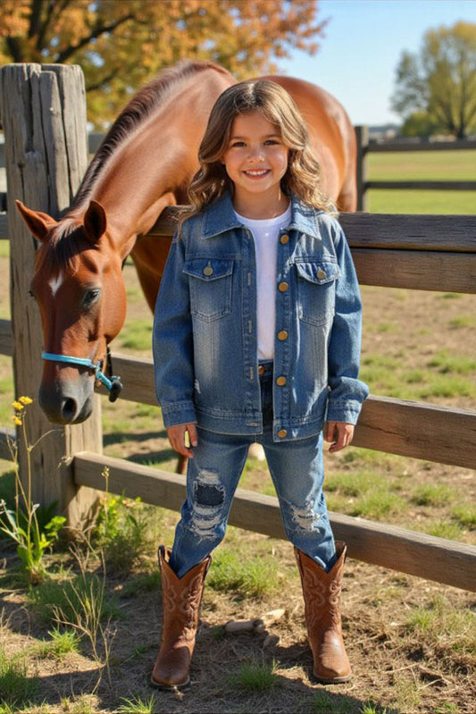 DLH2551 Wash denim blue long sleeve fringe & pockets girls denim jacket/coats