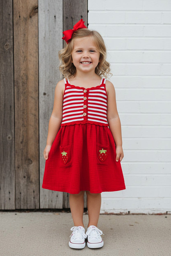 Knited red striped & red gauze strawberry pocket girls dress DLH2844