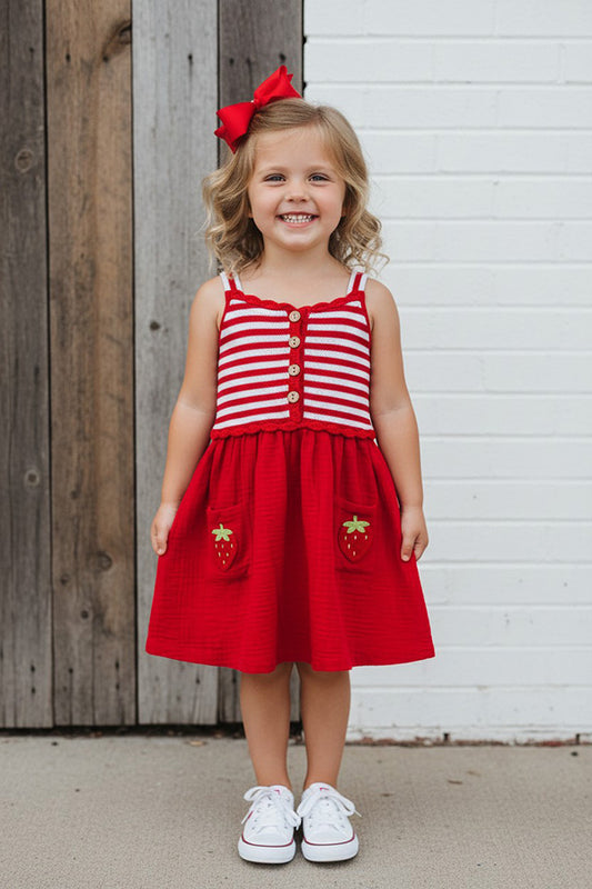 Knited red striped & red gauze strawberry pocket girls dress DLH2844