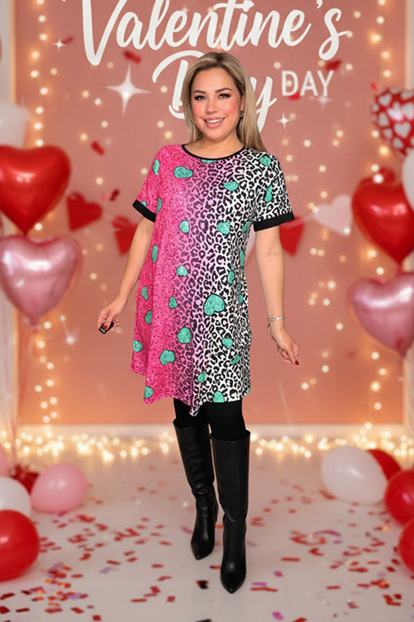Paisley & Leopard fuchsia/teal hearts printed short sleeve women dress XCH14530
