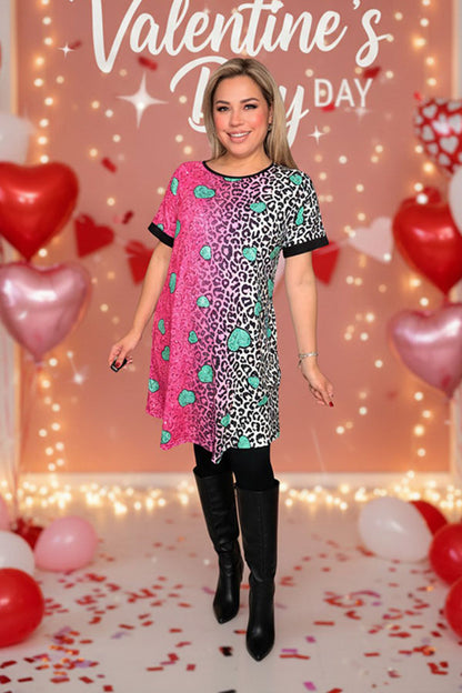 Paisley & Leopard fuchsia/teal hearts printed short sleeve women dress XCH14530