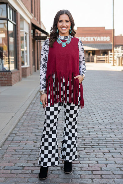 Suede burgundy women tank top w/fringe tassels GJQ13295