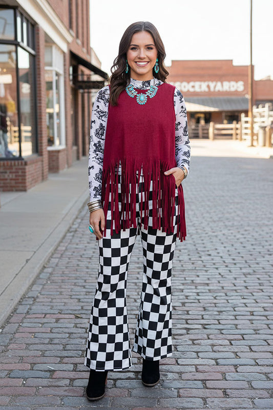 Suede burgundy women tank top w/fringe tassels GJQ13295