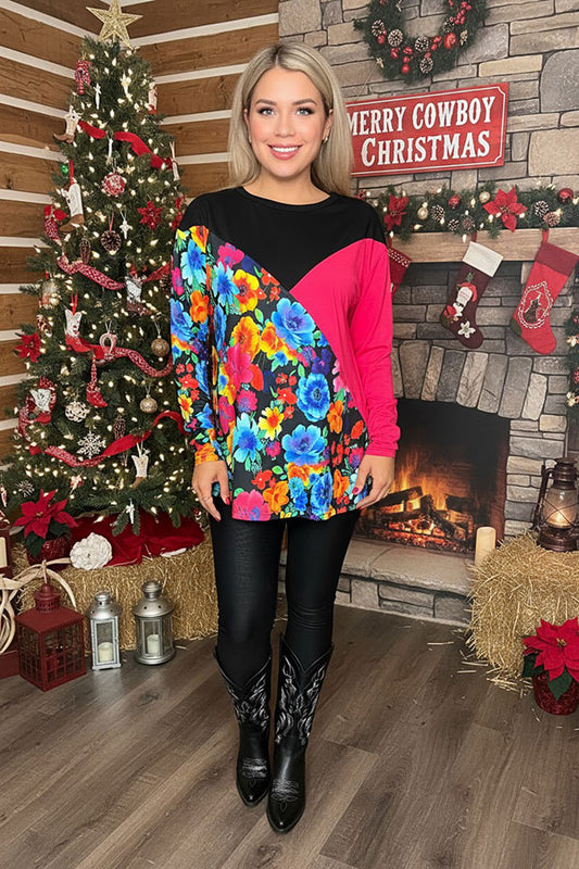 Floral & black & fuchsia color block long sleeve women blouse XCH13960 HS1