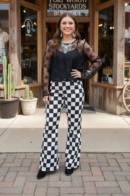 Black white checkered cotton denim flare legs women pant XCH16817