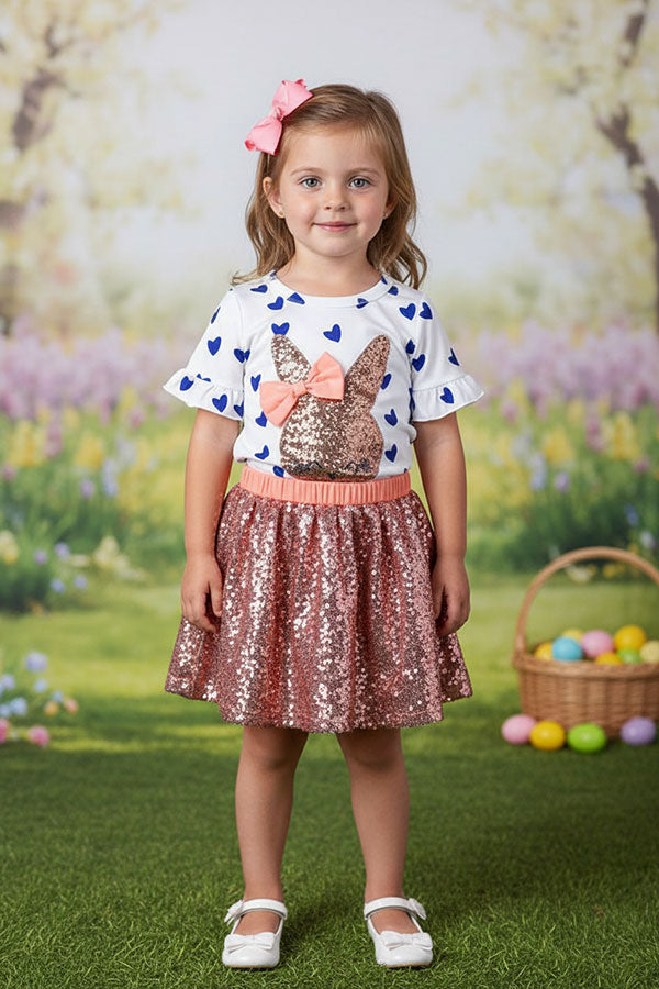 Easter sequin bunny embroidery top & sequin skirt/inside shorts 2pc girls sets XCH04022