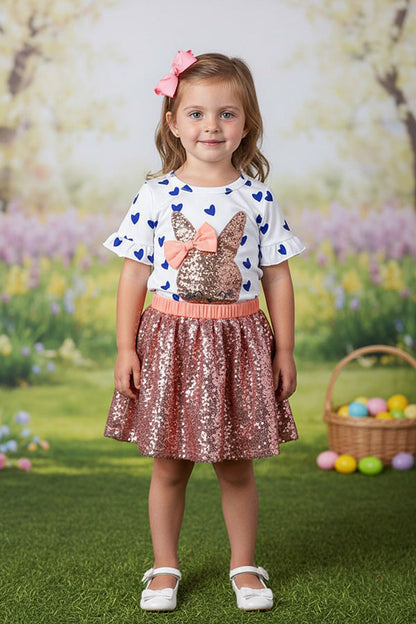 Easter sequin bunny embroidery top & sequin skirt/inside shorts 2pc girls sets XCH04022