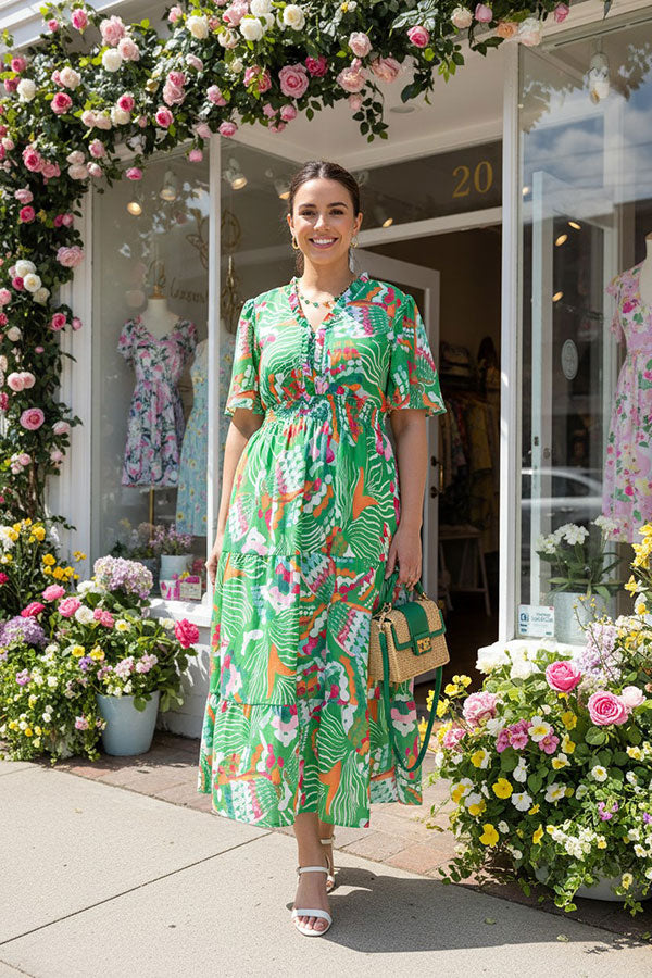 Southern Stitch Green floral spring short sleeve women dress w/elastic waist GJQ16824