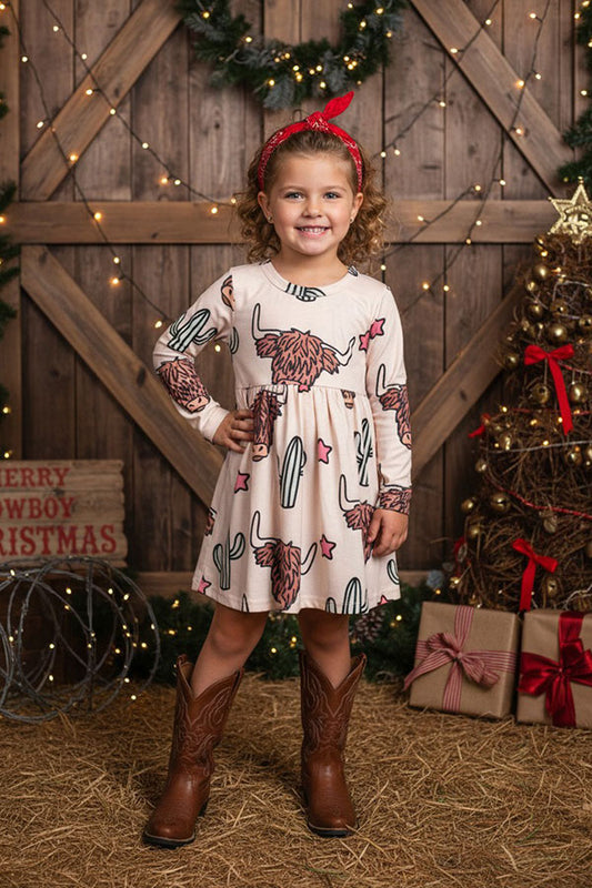 Bulls & Cactus & Stars print long sleeve girls dress D2865