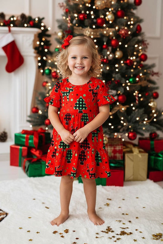 XCH03002 Christmas trees & deers print ruffle short sleeve girls dress