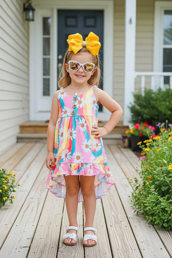 XCH0888-22 Multicolor stripes & daisies high low girls dress w/buttons