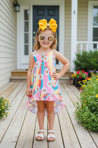 XCH0888-22 Multicolor stripes & daisies high low girls dress w/buttons