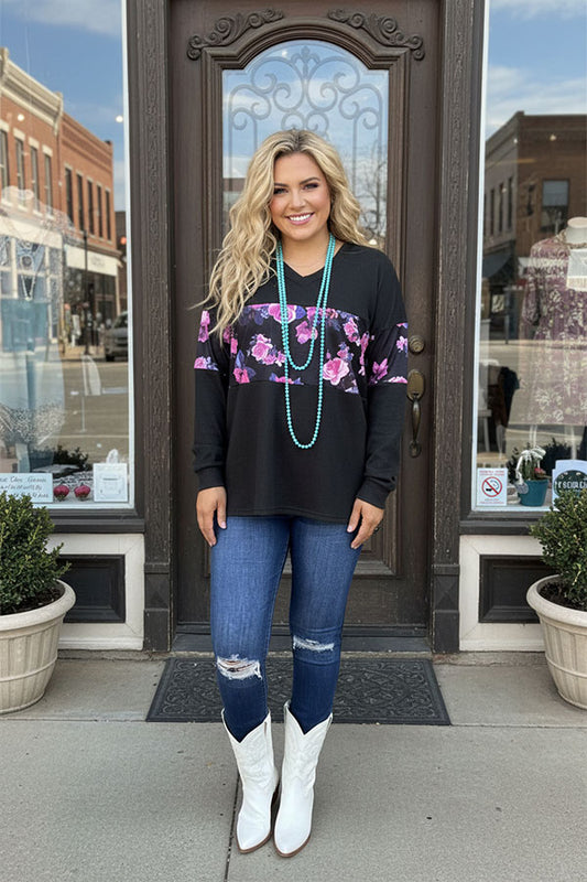 BQ15683 Floral multi color printed black solid color knitted fabric long sleeve women tops