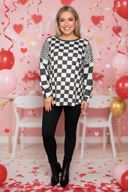 Black checkered printed long sleeve women shirts XCH16754