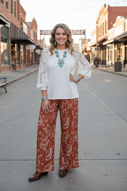 Western hat & patterns printed wide leg women pant XCH16885