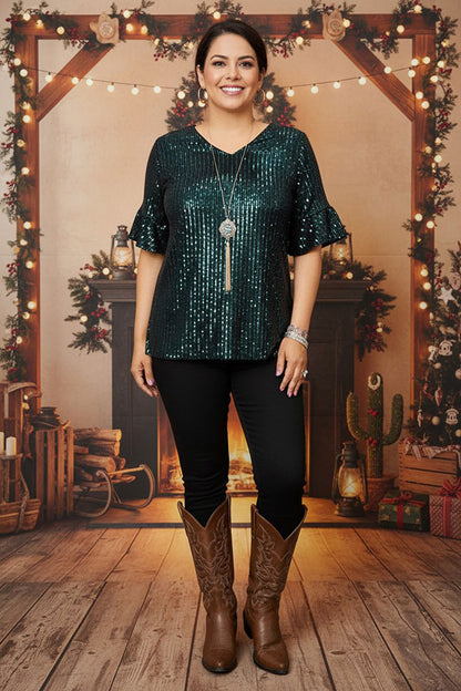 XCH15277-2 jasper sequin w/ruffle short sleeve for women tops