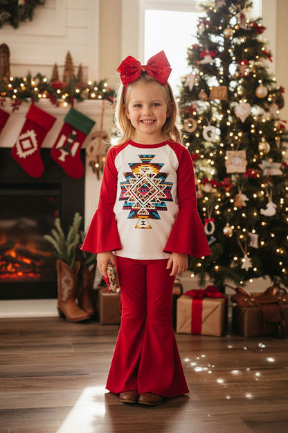 D0913-14 Aztec prints raglan sleeve top bell bottom 2pc girls sets