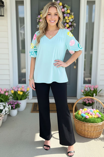 Easter eggs patches aqua puff short sleeves women top XCH16548