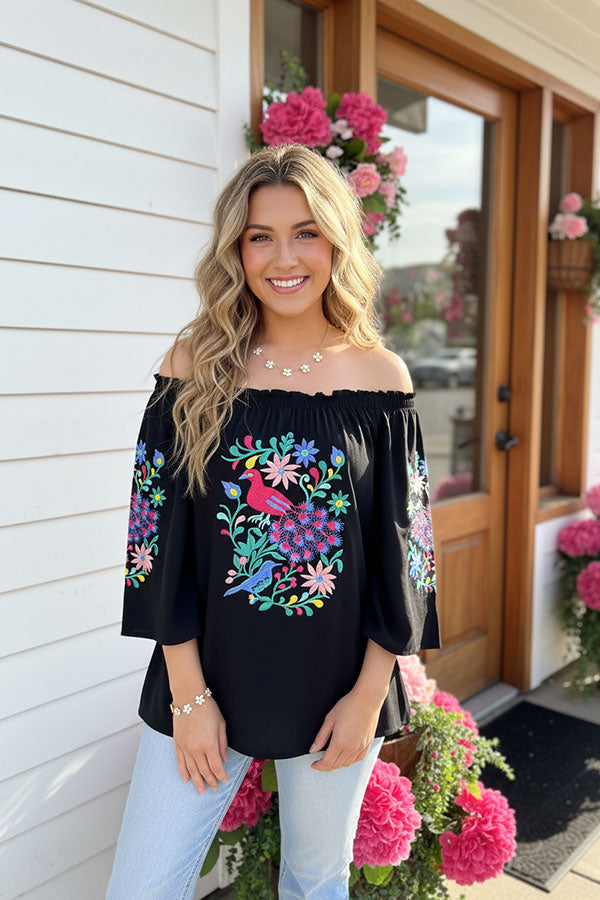 Flower & bird embroidery black rayon bell short sleeve women top XCH16731