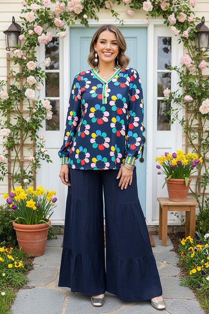 Multi color flower printed & striped balloon long sleeve women blouse XCH16345