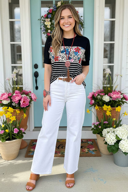 Black & Striped & floral printed short sleeve top YMY11298