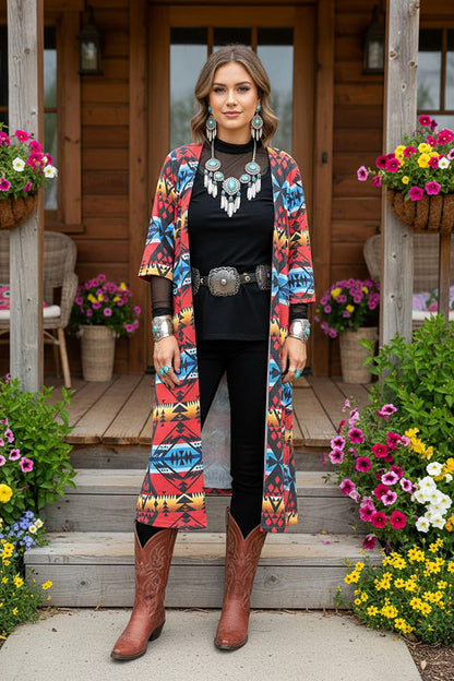 GJQ11895 Multi color Aztec printed 3/4 sleeve women cardigan