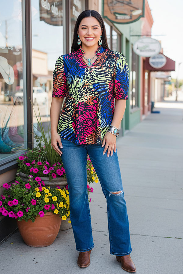 Wholesale Western animal printed color block short sleeve women blouse GJQ16297