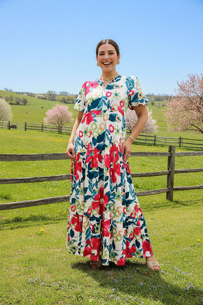 Plus size mint & red floral printed balloon sleeve women maxi dress BQ16099
