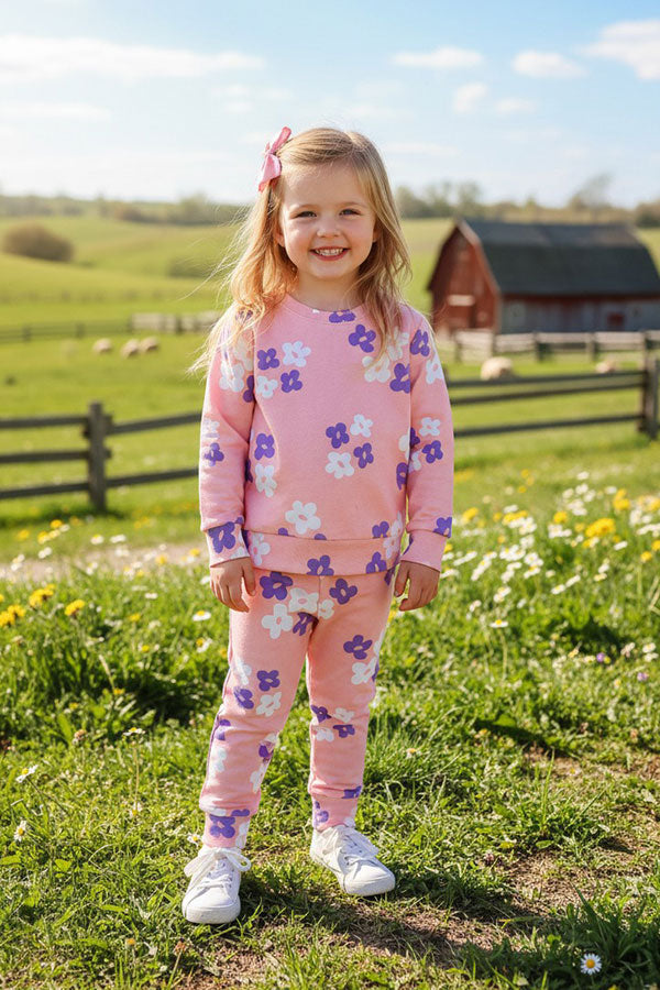 Pink flower prints knitted long sleeve top & pant 2pc girls sets DLH2836