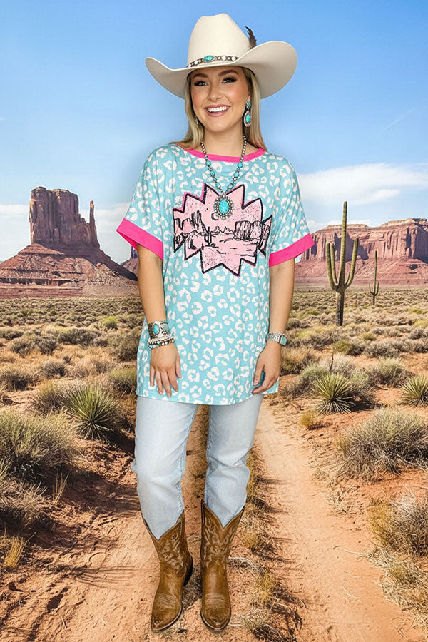 Western women's t-shirt suppliers Aztec & leopard printed with pink trim short sleeve XCH14827