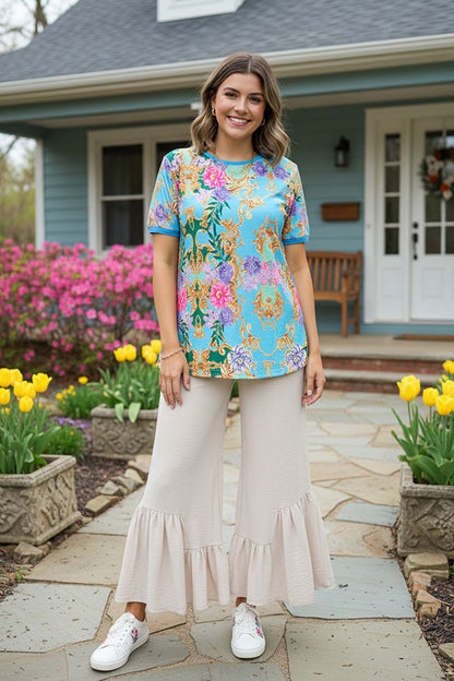 Women's t-shirt wholesaleTurquoise pink & purple floral gold printed short sleeve top GJQ13637