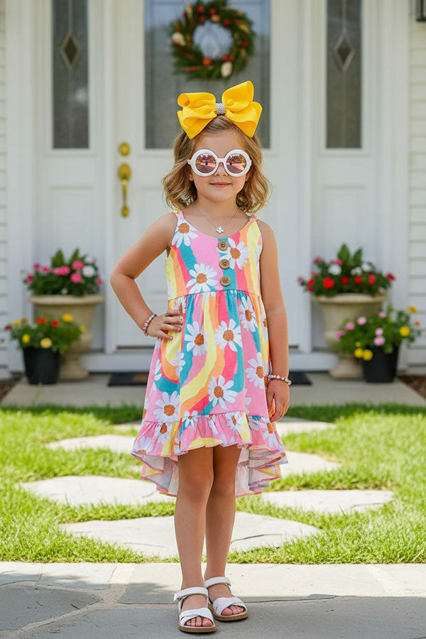 XCH0888-22 Multicolor stripes & daisies high low girls dress w/buttons