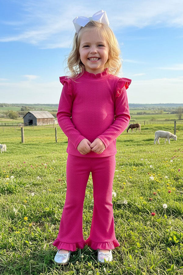 Pink knitted ruffle long sleeve & bell bottom 2pc girls clothing sets DLH2830 (A10S7)