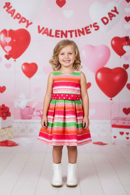 Mutli color stripes printed sleeveless girls dress with belt DLH2888