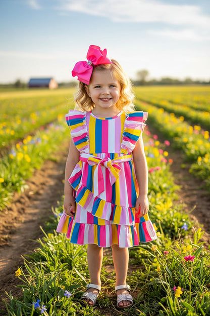 XCH03008 Multi color striped ruffle sleeve girls dress w/tied belt