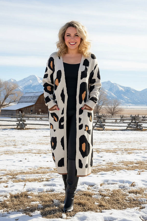 Knitted leopard long style open cardigan/sweater w/pockets MY15267
