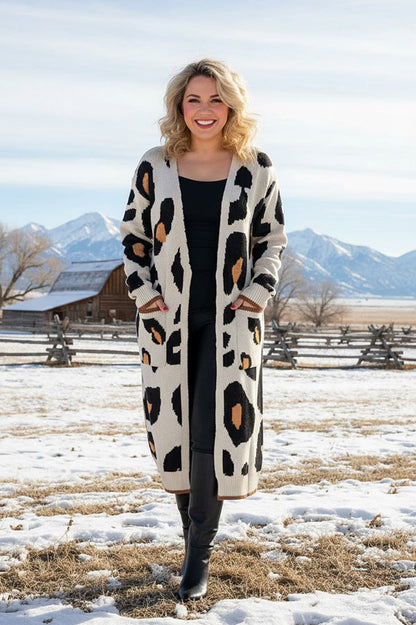Knitted leopard long style open cardigan/sweater w/pockets MY15267