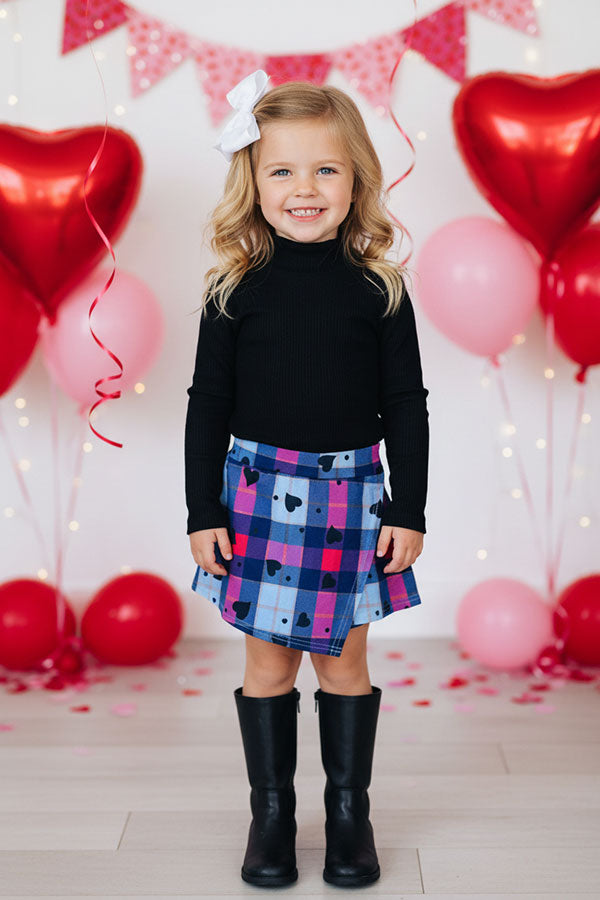 DLH2840 Knitted black puff long sleeve top & plaid shorts 2pc girls sets