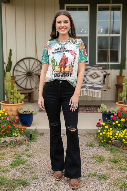 XCH12442 JUST A GIRL WHO LOVES HER COWBOY hiding horse women t-shirt IS13