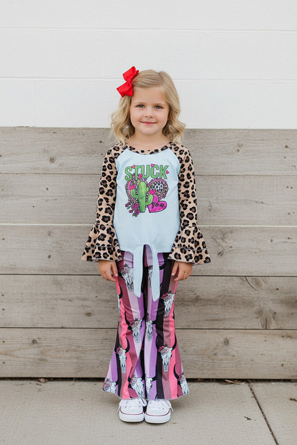DLH2733 STUCK on you leopard prints cactus & hearts raglan girls top A7S7