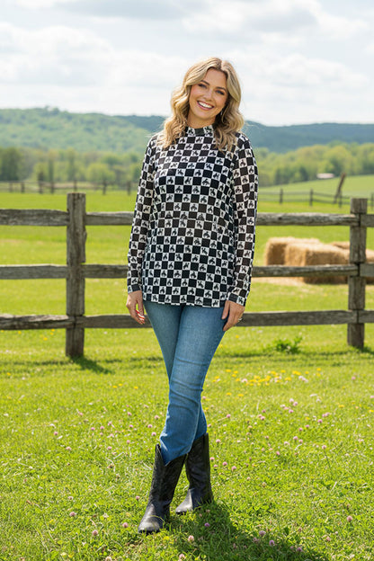 Western horse riding & checkered printed sheer long sleeve mesh women top XCH16860