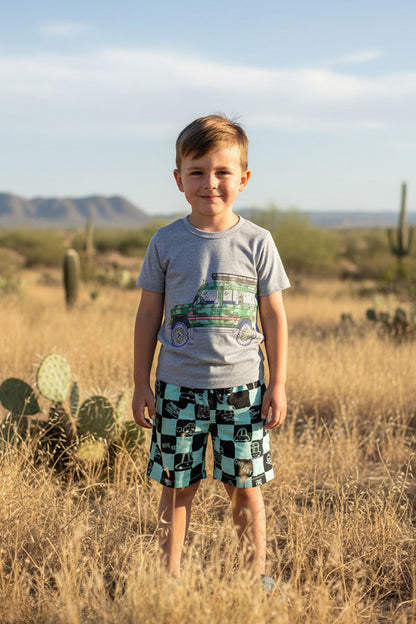 Summer camo car printed grey short sleeve top & checkered shorts 2pc boy set 250945M