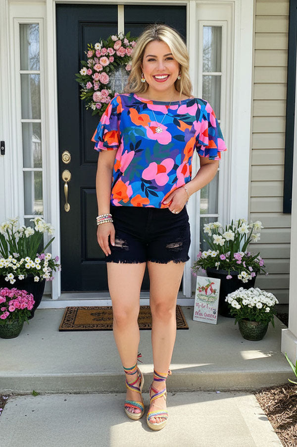Wholesale women top Pink & orange & blue printed w/ruffle short sleeves XCH16211