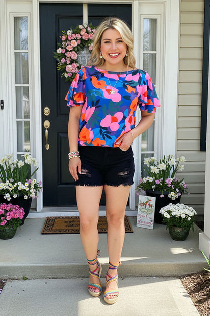 Wholesale women top Pink & orange & blue printed w/ruffle short sleeves XCH16211